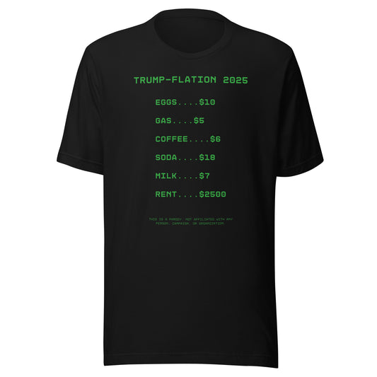 Black Parody Shirt - Graphic says "Trump-Flation 2025". Displaying sky high prices of eggs, gas, coffee, soda, milk and rent. 