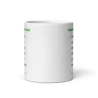 White Glossy Mug - Graphic says "Trump-Flation 2025". Displaying sky high prices of eggs, gas, coffee, soda, milk and rent. 